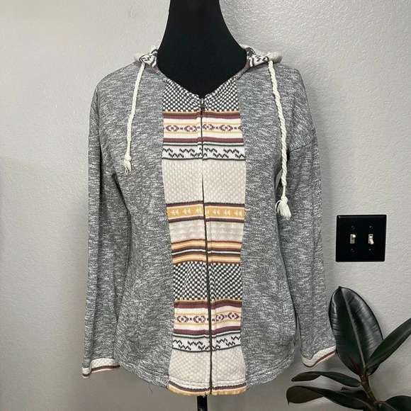Roxy Women's Aztec Print & Grey Knit Zip Up Hooded Sweater Small - Picture 1 of 5